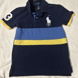 Polo Ralph Lauren Boys 7 Big Pony Polo Shirt Colorblock Navy Blue Yellow